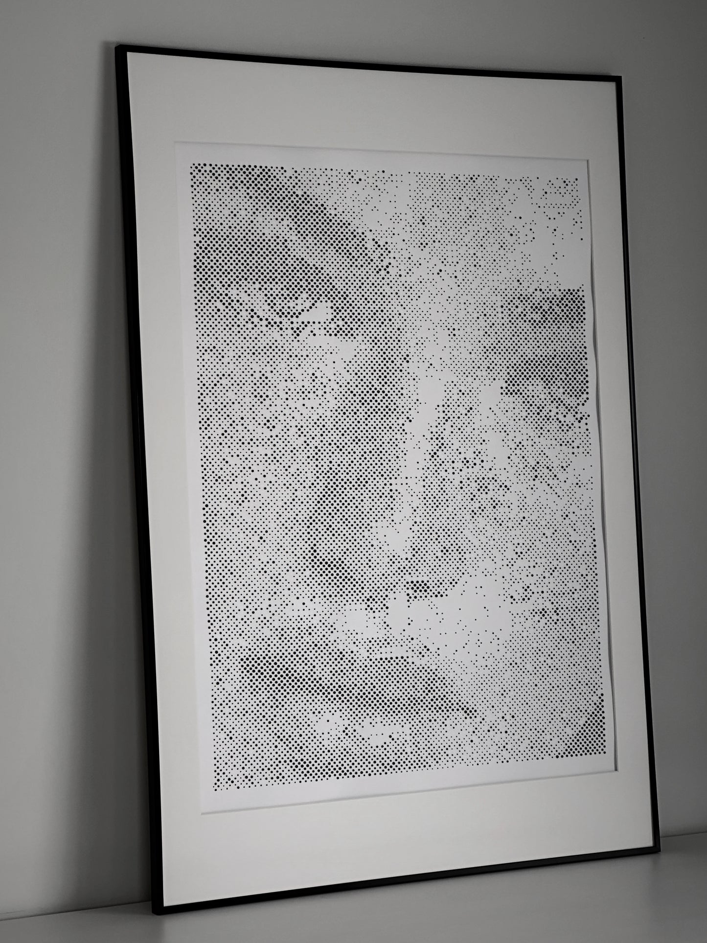 Textured dot technique detail on original portrait painting – Unanswered Absence – KARU Studio