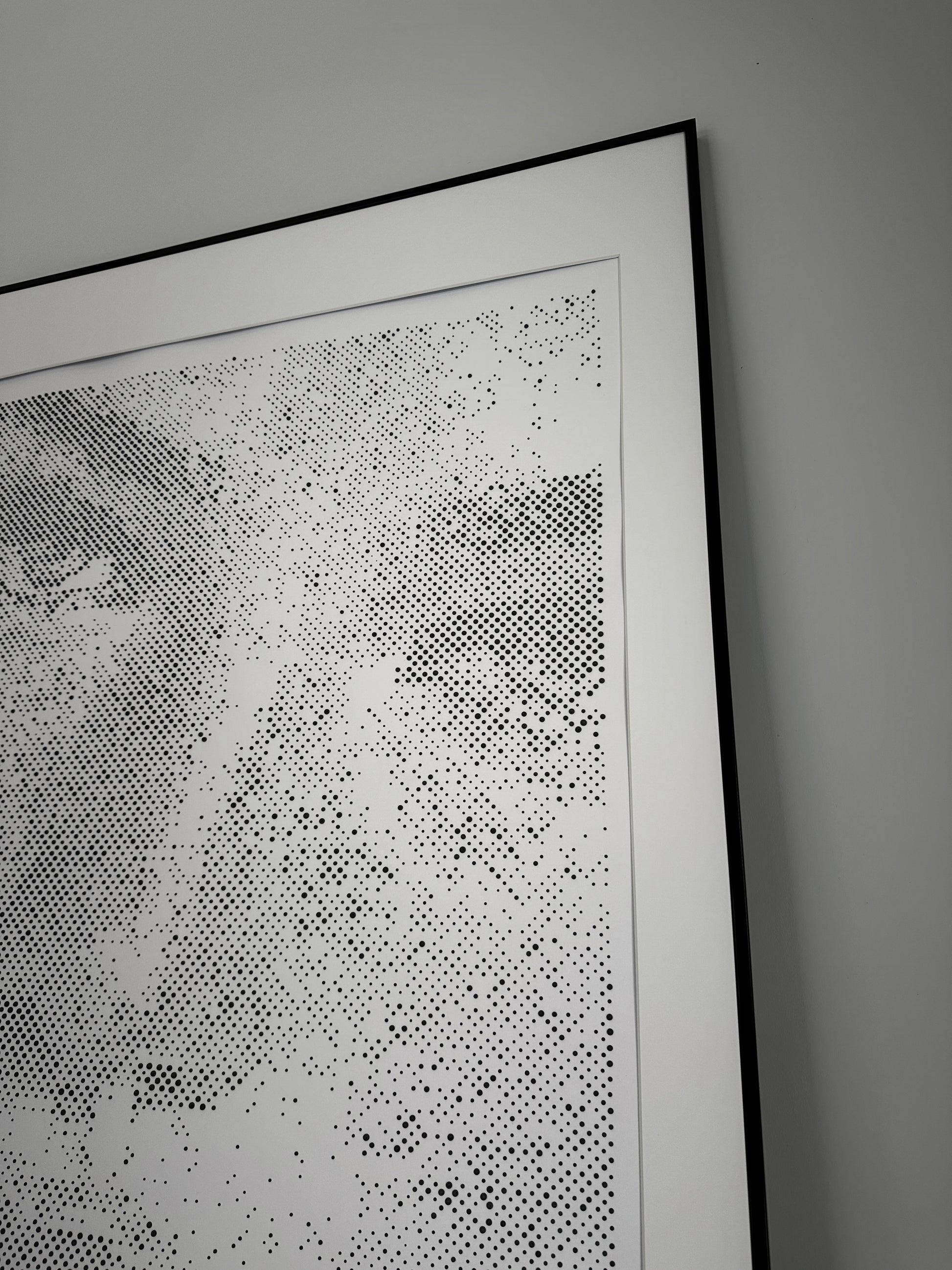 Textured dot technique detail on original portrait painting – Unanswered Absence – KARU Studio