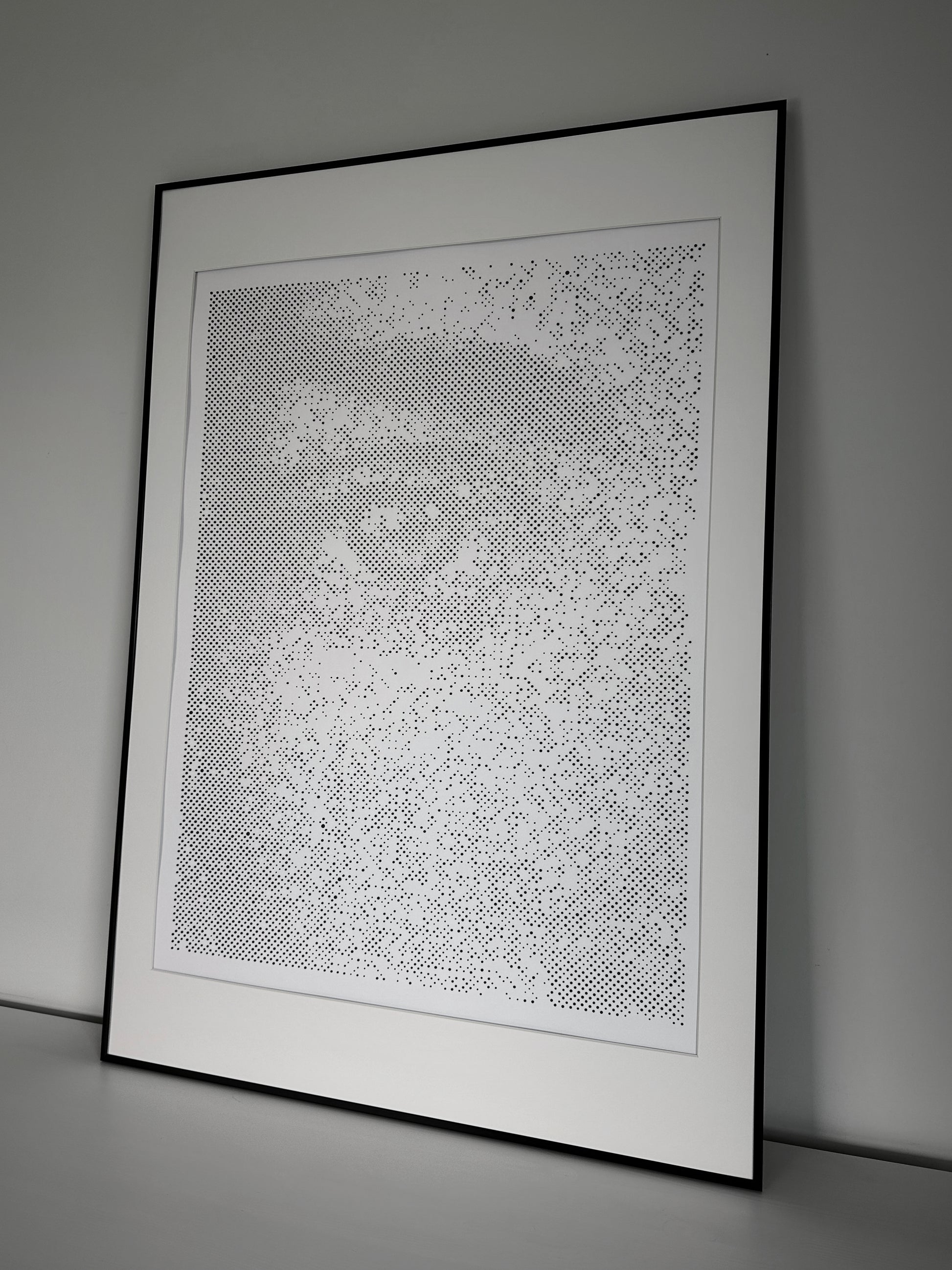 Handmade dot art portrait in interior setting – KARU Studio